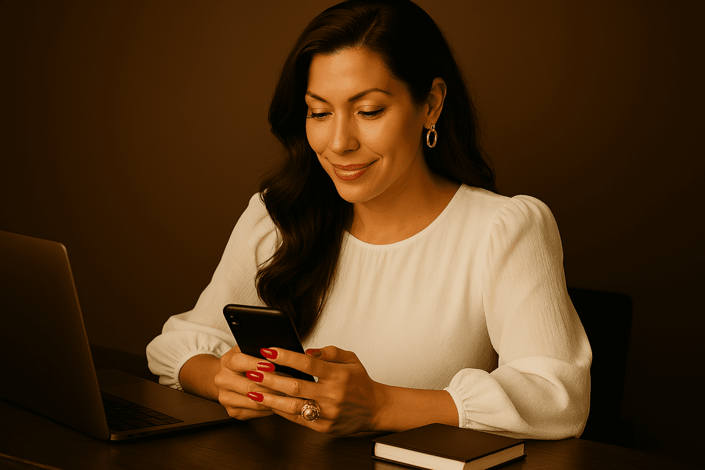 20250329 1611 Stylish Woman Texting remix 01jqhrg70ffsd93sq9c99h3bh4 Is Executive Coaching Near Me? Here's What High-Level Leaders Should Really Be Asking