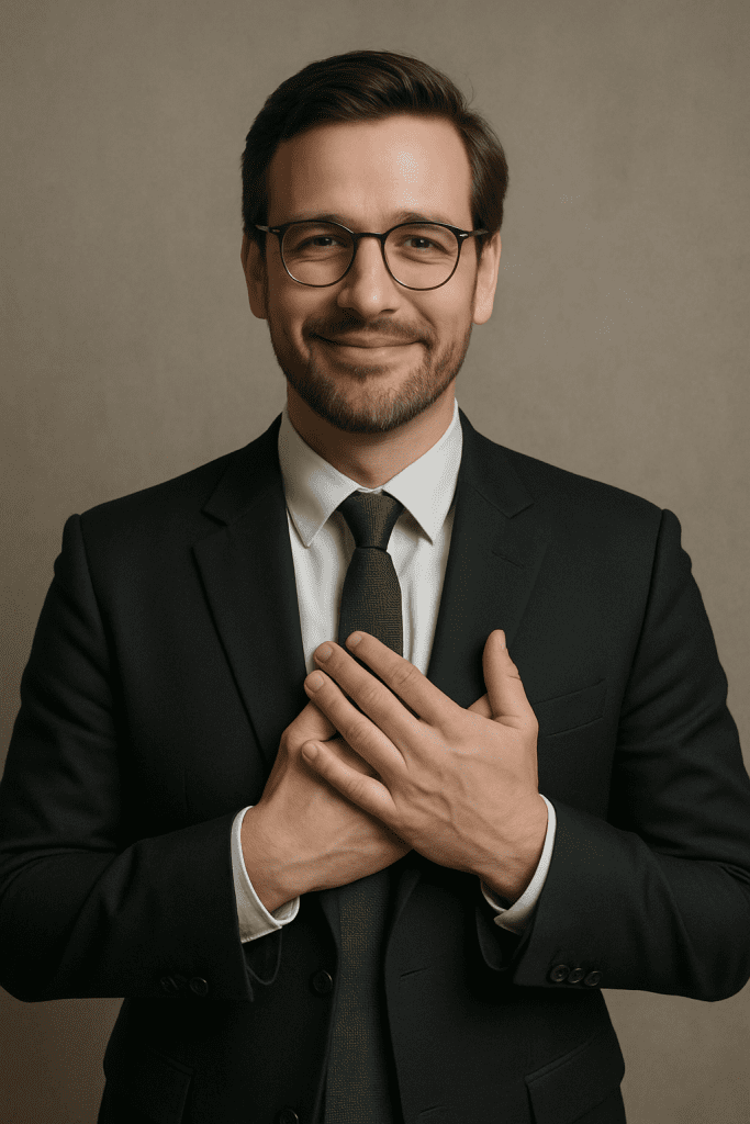 Business man in suite showing Gratitude with hands in prayer